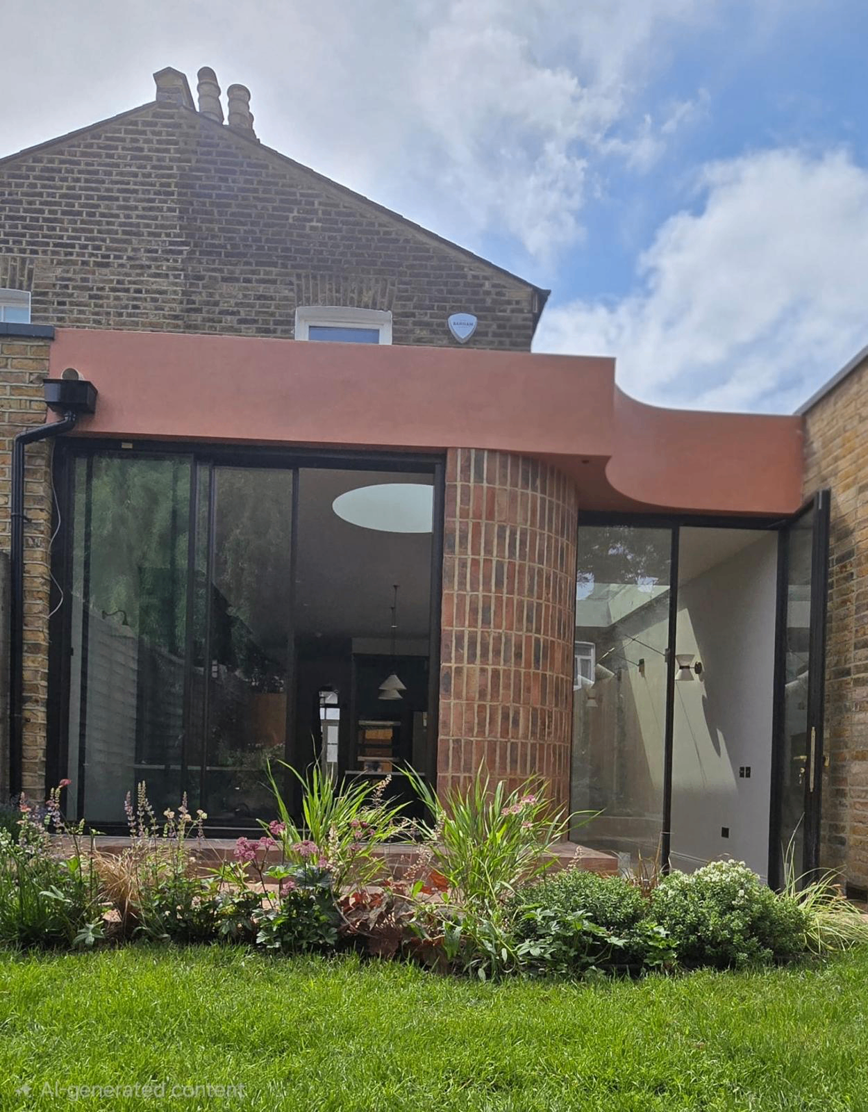 Rear view of a London home with sculpted pink-toned rendered extension, curved brick column and full-height glazing opening onto the garden